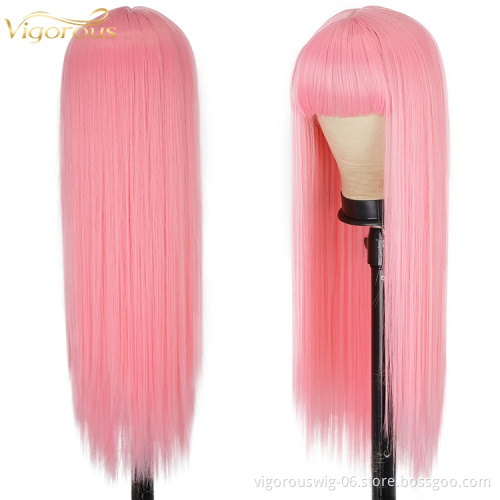 Pink Straight Wigs with Bang Long Wig for Women Cosplay Wig with Bangs Halloween 26 Inch